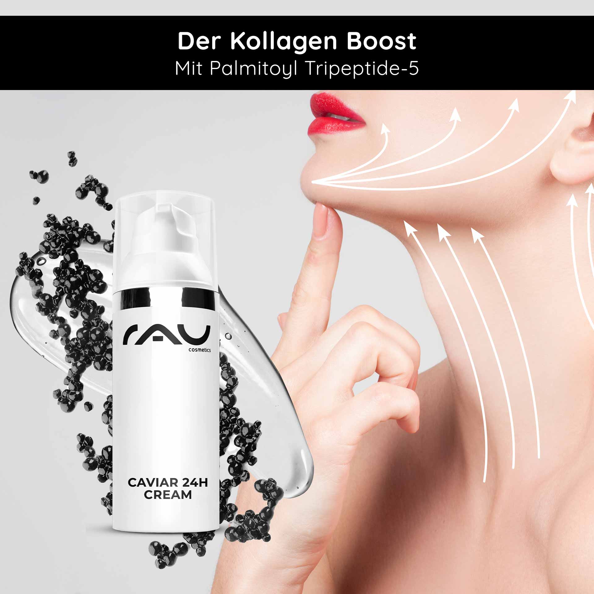 Caviar 24h Cream von RAU Cosmetics mit Palmitoyl Tripeptide-5, mit Schwerpunkt auf Kollagen-Boost und feuchtigkeitsspendender Wirkung, gezeigt wird ein Model, das Creme auf ihren Hals aufträgt.