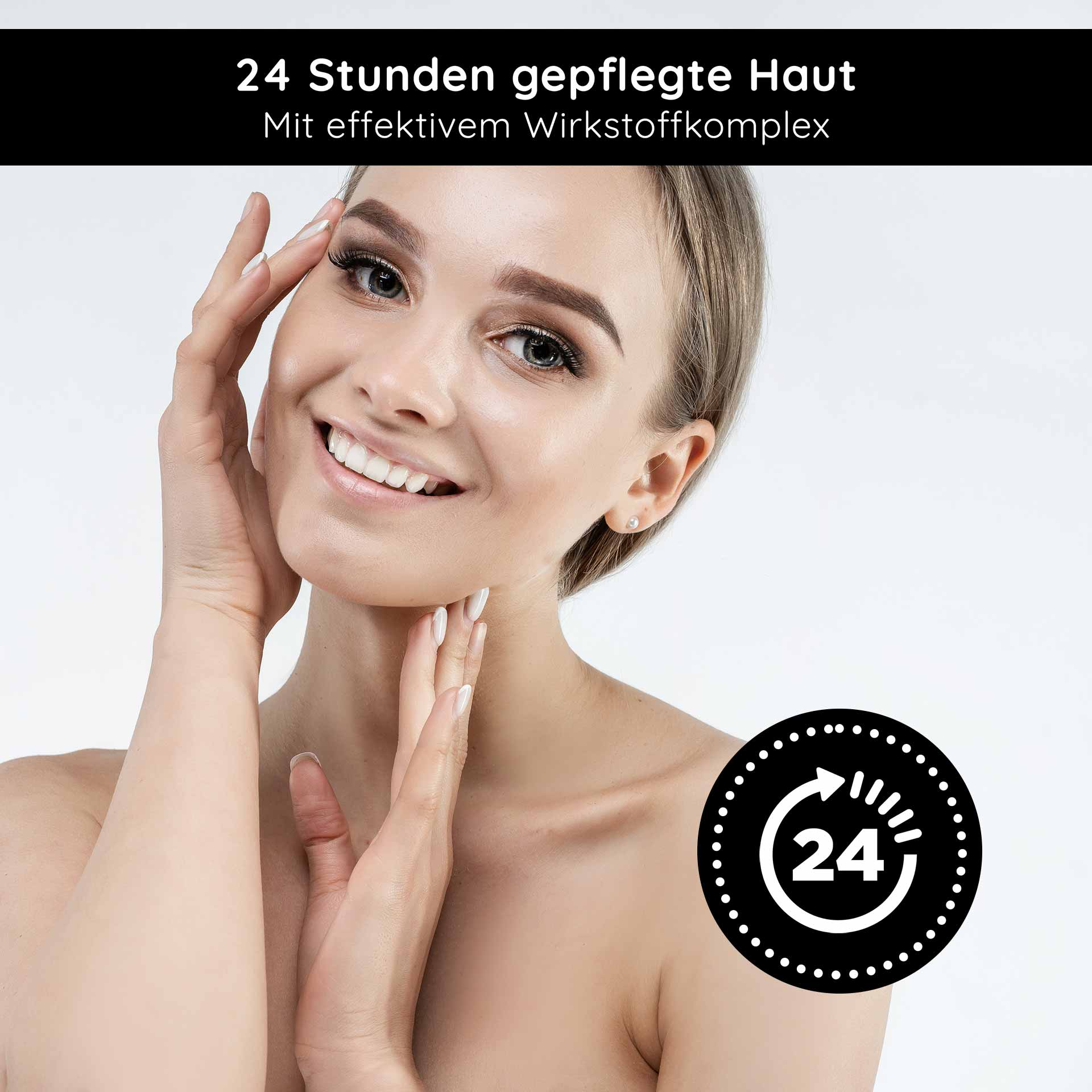 Frau mit gepflegtem Gesicht und lächelndem Ausdruck, präsentiert 24 Stunden Hautpflege mit effektivem Wirkstoffkomplex, geeignet für RAU Cosmetics Caviar 24h Cream.